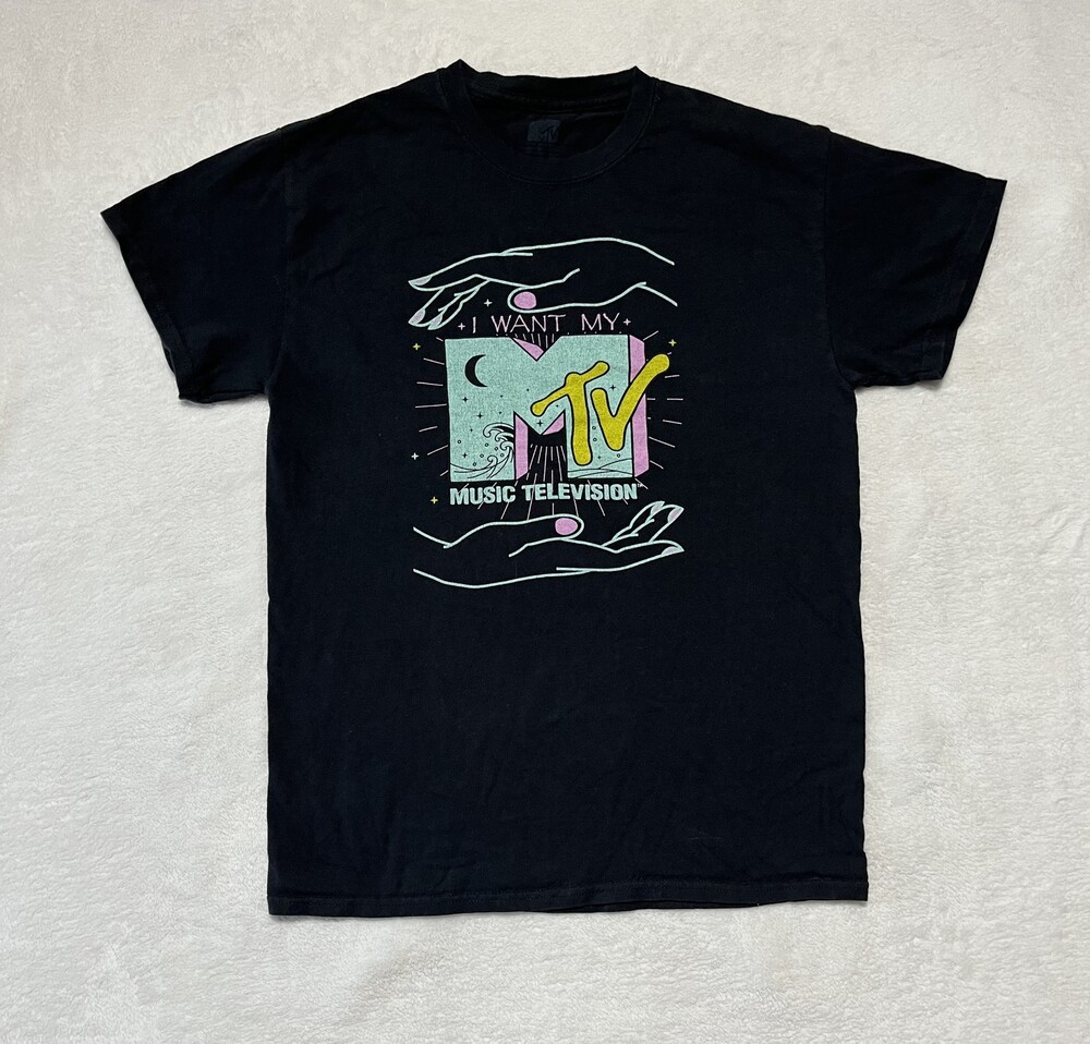 MTV Shirt Mens Medium Black I Want My Music Television Graphic Tee Retro Classic